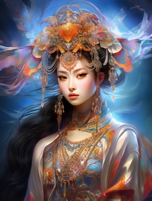 华丽的中国皇家公主，华丽的头饰，极端彩虹反射曝光，水，中国女神，高亮度，微光珍珠色，彩虹，精致的面孔，真正的皮肤，金白色银空灵的美丽，复杂的细节，彩色彩虹，超现实主义，超高清画质，32K