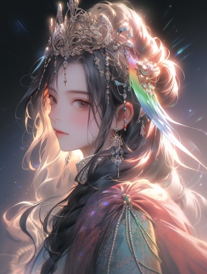 华丽的中国皇家公主，华丽的头饰，极端彩虹反射曝光，水，中国女神，高亮度，微光珍珠色，彩虹，精致的面孔，真正的皮肤，金白色银空灵的美丽，复杂的细节，彩色彩虹，超现实主义，超高清画质，32K