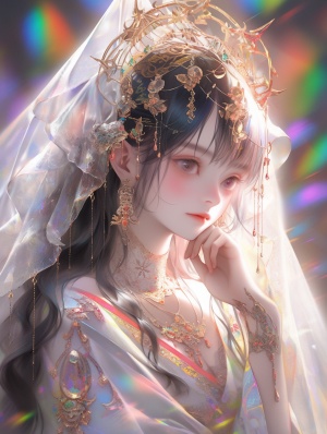 华丽的中国皇家神圣圣女，极端彩虹反射曝光，水，中国女神，高亮度，微光珍珠色，彩虹，精致的面孔，真正的皮肤，金白色银空灵的美丽，复杂的细节，彩色彩虹，超现实主义，超高清画质，32K