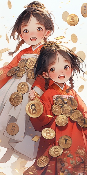 Hand-drawn, cute Chinese five-year-old girl wearing traditional Hanfu, fair skin, happy smile, big eyes, hairpin, ribbon, surrounded by gold coins, (holding a golden ingot), gold coins floating in the air. The artwork showcases Chinese cultural elements with enhanced rendering and blending techniques. The style is a mix of chibi and hand-drawn anime, inspired by Angela Barrett's illustrations and Russian comic art. Created using C4D, Unreal Engine, and digital art techniques with natural lighting for th