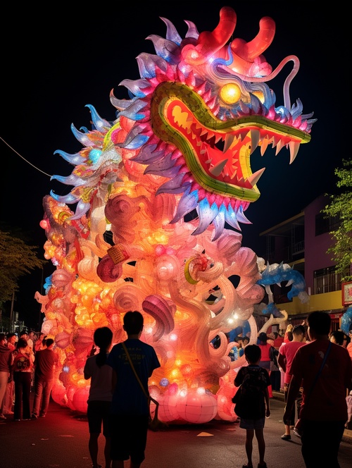 夜景，中国龙背影，人群密集，灯火辉煌，一条棉花糖质感的中国龙，走在一条商业街上，街道两边两排大树上挂满彩色灯笼，五彩缤纷，背影，街道上很多中国人，商业街，吃喝玩乐，买卖商品，一条白色和粉红色的棉花糖质感的小中国龙，春节小镇，等距观，超萌粘土世界，超萌粘土定格动画，春节彩灯，春联，户外聚会，热闹气氛，宫殿倾斜运动，灯光极佳，体量景观，笔刷渲染，倾斜运动，3D，超细节，32k—ar 3:4—s 250—v6.0