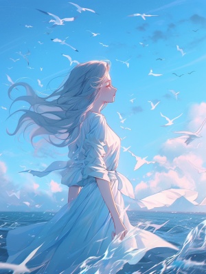 悠然蔚蓝的海洋中，浩渺无垠的天空与其相呼应。簪着精致发饰的女子身着一袭柔美的淡蓝色长裙，在微风中轻盈飘舞。她的双眸透出智慧的光芒，仿佛和大海、天空产生了强烈的共鸣，展现出一种宁静而神秘的魅力。各种海洋生物跃出海面，与她共舞，犹如海洋抒发了心中的自由之情。这个仙气飘飘的画面令人陶醉，传递出一种和谐与感悟的美好信息。