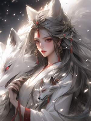 fox demon, Domineering, The picture is full of stories,single exposure, ancient China, a beautiful long-haired Chinese Tang Dynasty Asian girl, 20 years old, with a white fox, Sharp eyes, fairy clan,Paulina Washington'sethereal portrait style. Pave the way for light and shadow.Chinese style, ancient style, rvan mcginlevayered fiberstyle color veil printing, mike Campau, a touch of whitepowder. The Art of Light Painting, exploring minimalistcompositions, the beauty of light and reflections in yarns,creat