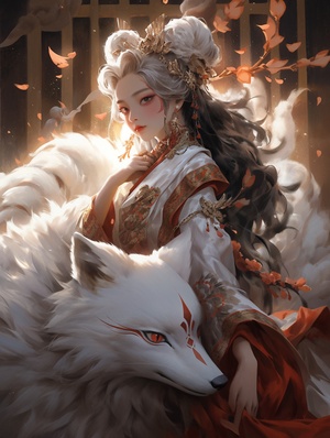 fox demon, Domineering, The picture is full of stories,single exposure, ancient China, a beautiful long-haired Chinese Tang Dynasty Asian girl, 20 years old, with a white fox, Sharp eyes, fairy clan,Paulina Washington'sethereal portrait style. Pave the way for light and shadow.Chinese style, ancient style, rvan mcginlevayered fiberstyle color veil printing, mike Campau, a touch of whitepowder. The Art of Light Painting, exploring minimalistcompositions, the beauty of light and reflections in yarns,creat