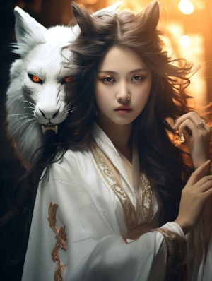 fox demon, Domineering, The picture is full of stories,single exposure, ancient China, a beautiful long-haired Chinese Tang Dynasty Asian girl, 20 years old, with a white fox, Sharp eyes, fairy clan,Paulina Washington'sethereal portrait style. Pave the way for light and shadow.Chinese style, ancient style, rvan mcginlevayered fiberstyle color veil printing, mike Campau, a touch of whitepowder. The Art of Light Painting, exploring minimalistcompositions, the beauty of light and reflections in yarns,creat