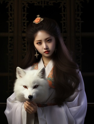 fox demon, Domineering, The picture is full of stories,single exposure, ancient China, a beautiful long-haired Chinese Tang Dynasty Asian girl, 20 years old, with a white fox, Sharp eyes, fairy clan,Paulina Washington'sethereal portrait style. Pave the way for light and shadow.Chinese style, ancient style, rvan mcginlevayered fiberstyle color veil printing, mike Campau, a touch of whitepowder. The Art of Light Painting, exploring minimalistcompositions, the beauty of light and reflections in yarns,creat