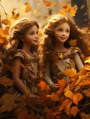 秋天，有落叶，三个漂亮的小女孩美丽大方