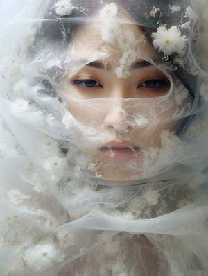 图片充满故事，单一曝光，特写，白色图像显示一个亚洲女孩用透明薄纱覆盖，不覆盖脸部，露出面部，点缀小碎花，在软焦点浪漫主义风格，时尚芭莎stvle艺术品由haruna kikuchi。干净。半透明抽象创作，uhd图像，特写，van mcginlevayed纤维风格彩色面纱印刷，mike Campau，一抹白色粉末。光绘画的艺术，斯蒂芬肖特里奇。多彩排列。前卫设计，32k，-Ar 3:4-S 400