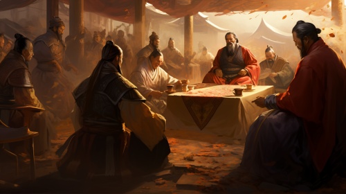 秦楚两国国君与将领商议着战争的作战计划，决心要取得胜利。