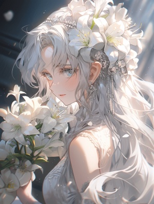 白衣女孩头发上插着花的动漫艺术风格