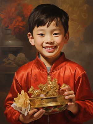 国画，中国年画，中国送财童子抱着金元宝，喜庆的红色背景，传统中国年画，8k，超精细，丰富细节
