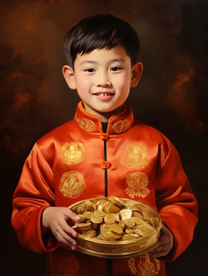 超精细8K国画：中国送财童子抱金元宝，喜庆红色背景
