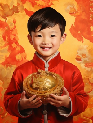 超精细8K国画：中国送财童子抱金元宝，喜庆红色背景