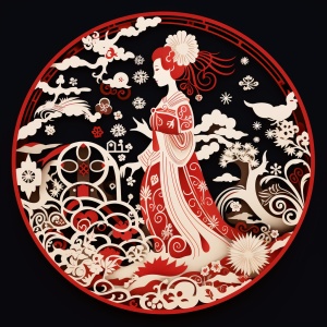 中国古代传统剪纸中的女嫦娥拜年油画插画