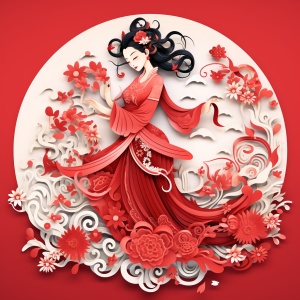 中国古代神话中的嫦娥回娘家拜年形象的红色剪纸艺术形式