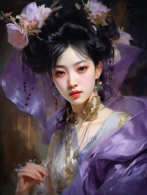 中国古典美女，艺术家赵氏油画，抱着紫色小狐狸，艺术家萨金特的色彩，极致的特写镜头，POV透视，穿着美丽细致的宽松紫色服装翩翩起舞，美丽的灯光，脸部和黑色眼睛极其美丽的细节，飘逸的丝绸，精致的面纱，精雕头饰，清晰立体的五官，坚实的背景，为艺术描绘增添了祥和和宁静，UHD 32K