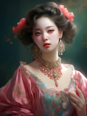 3d肖像，3d壁纸，中国古典女孩，在粉红色和海蓝宝石的风格，dolly kei，黄金时代美学，醒目的树脂珠宝，浅金色和浅深红色，动漫艺术，油画，超高清画质，32K