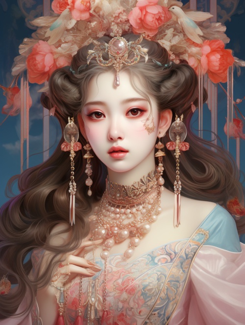3d肖像，3d壁纸，中国古典女孩，在粉红色和海蓝宝石的风格，dolly kei，黄金时代美学，醒目的树脂珠宝，浅金色和浅深红色，动漫艺术，油画，超高清画质，32K