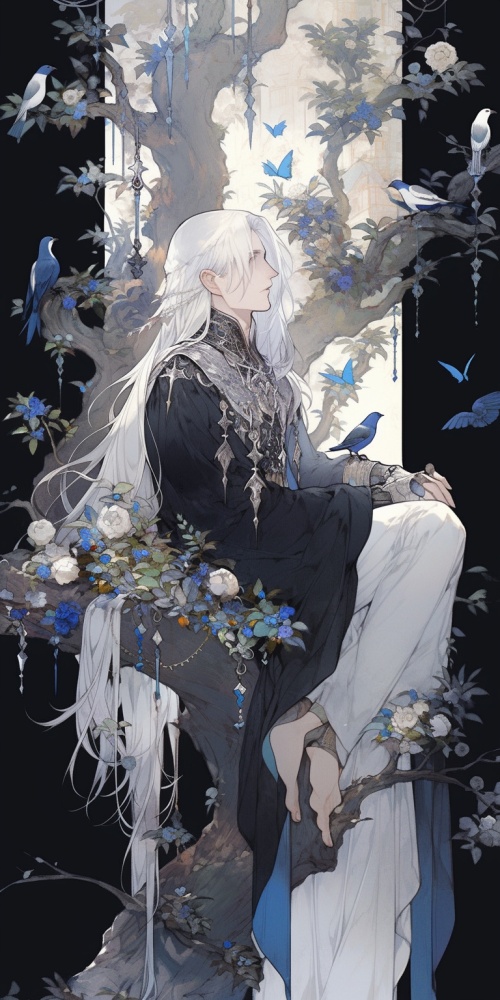 一颗树的全面图，树叶和树干都是水晶做的，有一个年轻漂亮的古风男子，白色长发白衣蓝瞳坐在树枝上。