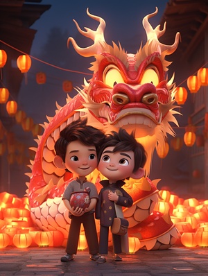 Pixar animation style, Chinese New Year, two cutefive-year-old boys are standing in the middle,wearing traditional Chinese clothes, they are holding a humanoid Chinese dragon together, smiling brightly,there are some gold coins on the ground, blue andwhite color scheme, strong lighting effects, Superdetailed, 3D rendering, HD, 8k ar 3:4 s 750niji 6