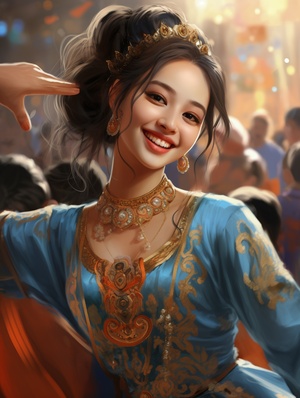 A beautiful Chinese girl with big eyes, wearing the classic Xinjiang costumes, dancing happily with an elegant smile.32k s 700 v 6.0