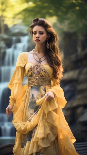 20岁美女穿淡黄古装站瀑布旁超高清大师杰作