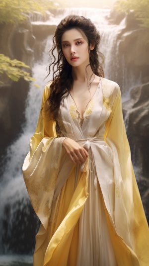 20岁美女穿淡黄古装站瀑布旁超高清大师杰作