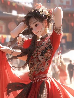 A beautiful Chinese girl with big eyes, wearing the classic Xinjiang costumes, dancing happily with an elegant smile.32k s 700 v 6.0