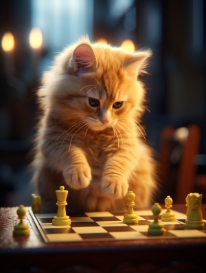 细节充分的超真实黄色猫猫下棋8k作品