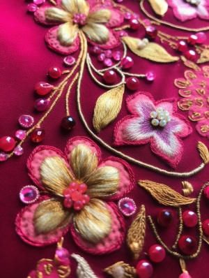 Needle Felt Wool Embroidery of Fuchsia Red Shamrock and Gold Jewellery