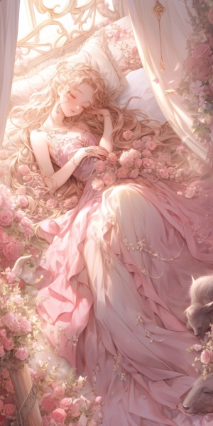 童话中沉睡的公主，金色长发。华丽的粉红色床铺，落在地上的纺锤。盛开的玫瑰包围了宫殿的墙壁，透过窗户照进来的阳光，粉红色薄纱窗帘，在床边亲吻公主的英俊王子