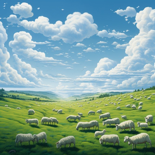 蓝色的天空，绿茵茵的草地，成群的羊
