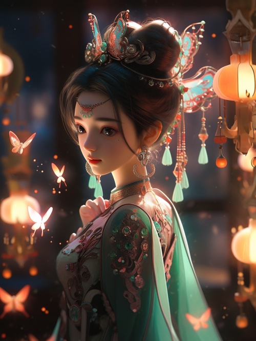 中国豆蔻少女，三维古风，一个穿着精美刺绣长衫的中国漂亮女孩，生物发光，电路板效果，暗黑魔幻风格，东方奇幻，3D渲染，超高清画质，32K