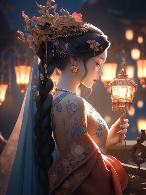 中国豆蔻少女，三维古风，一个穿着精美刺绣长衫的中国漂亮女孩，生物发光，闪闪发光，暗黑魔幻风格，艺术灯光，光彩照人，东方奇幻，3D渲染，超高清画质，32K