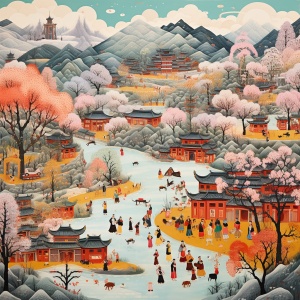 中国山区农村过春节与艺术融合的绚丽景象