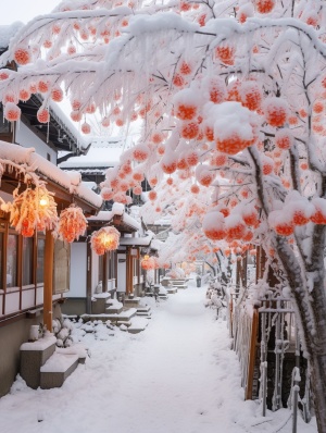 冬日白雪红灯笼 柿子树下新年迎来舞雪花