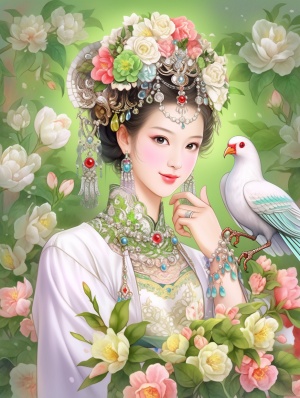 一幅画，画的是一个美丽的中国女人，面带微笑，有着明亮的眼睛和超级多的睫毛，在画中有一只美丽的鹦鹉，穿着白色华丽的汉服折纸风格，戴着耀眼的珠宝，手捧一束粉红色的玫瑰，珠宝，Headdress.Sparking，在迷人的动漫人物的风格，绿色的背景与超级多的白玫瑰在背景，生动的粉彩色彩，混合的图案和花朵，大胆的漫画人物，超高清画质，32K