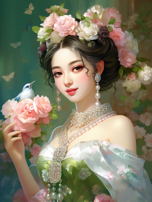 一幅画，画的是一个美丽的中国女人，面带微笑，有着明亮的眼睛和超级多的睫毛，在画中有一只美丽的鹦鹉，穿着白色华丽的汉服折纸风格，戴着耀眼的珠宝，手捧一束粉红色的玫瑰，珠宝，Headdress.Sparking，在迷人的动漫人物的风格，绿色的背景与超级多的白玫瑰在背景，生动的粉彩色彩，混合的图案和花朵，大胆的漫画人物，超高清画质，32K