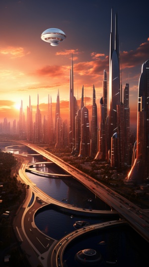 Illustrate a futuristic cityscape at sunset, with tall, sleek buildings and flying vehicles soaring through the sky. The scene should exude a sense of advanced technology and bustling activity. The camera should slowly pan across the city, showcasing its futuristic architecture and vibrant atmosphere] unreal engine, hyper real q 2 v 5.2