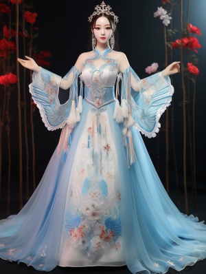 中国汉服婚纱：红转浅蓝，珠水晶绣凤龙，闪闪吊坠