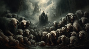 一群羊分食狼，暗黑风格，克苏鲁，诡异
