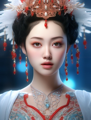 清晰美丽的中国女孩，面部特征，浓妆艳抹，光泽和奶油皮肤，高饱和度芭比风格交融，电影细节，锐利的焦点，三部分组成，曼荼罗，Quixel银河渲染，3D渲染，32K分辨率