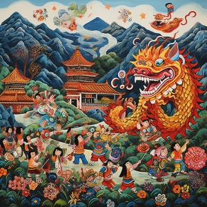 中国现代山区农村的龙舞狮舞庆新春