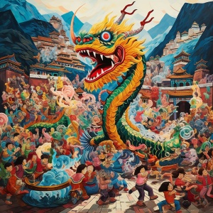 中国现代山区农村的龙舞狮舞庆新春