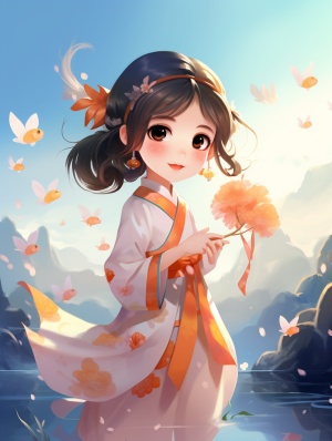手里拿着锦鲤造型的装饰，一个非常可爱的小女孩手里拿着中国传统的油纸伞，穿着汉服，大眼睛，手捧鲜花，幸福的微笑，站在天堂的云朵里，桃花盛开，迷人，蓬松，闪亮浓密的头发，花瓣，仙女，皮克斯风格，辛烷渲染，8k-ar 3:4-ni ji 5