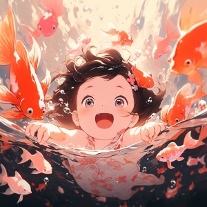 可爱小宝宝在水下与红色鱼嬉戏