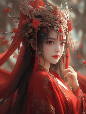 Character photography blockbuster,ancient style,sacred, solemn, a Chinese girl's face is exquisite and beautiful,like a fairy in a mural, her movements are relaxed, her clothing is gorgeous, the color tone of cinnabar red is super realistic, the texture is delicate and realistic, super clear -32K