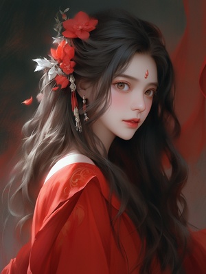 Character photography blockbuster,ancient style,sacred, solemn, a Chinese girl's face is exquisite and beautiful,like a fairy in a mural, her movements are relaxed, her clothing is gorgeous, the color tone of cinnabar red is super realistic, the texture is delicate and realistic, super clear -32K