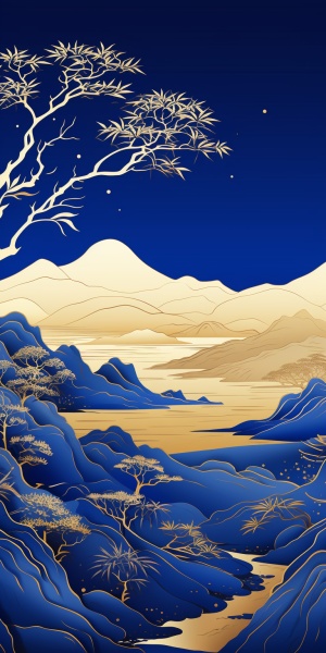 Klein blue, Chinese embroidery craft of gold blue mountains, Pavilions and trees, gild,Liquid gold flowing, Minimal color field, Freehand brushwork, blank-leaving, Organic form, Simple bluebackground ar 3:4 v 6