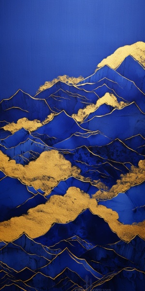 Klein blue, Chinese embroidery craft of gold blue mountains, Pavilions and trees, gild,Liquid gold flowing, Minimal color field, Freehand brushwork, blank-leaving, Organic form, Simple bluebackground ar 3:4 v 6